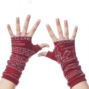 NWOT Dickens’ A Christmas Carol Red & White Fingerless Writing Gloves, Storiarts